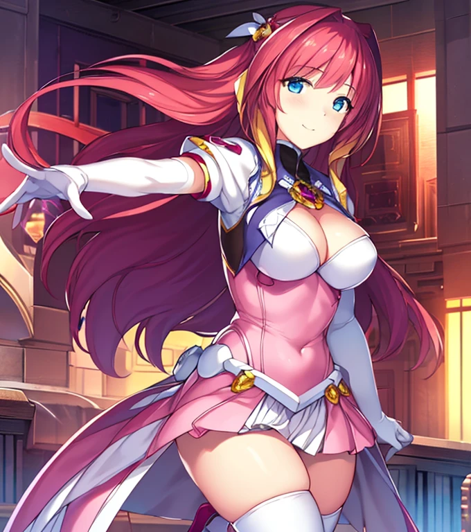 (hyper extreme detailed),(masterpeace),(hyper extreme),(photorealistic),CG,(colour:1.2), beautiful lighting,light from the front, solo,smlie, Escalayer,pink hair,long hair,hair_ornament,blue eyes,pink dress,white long glove,thigh_boots,