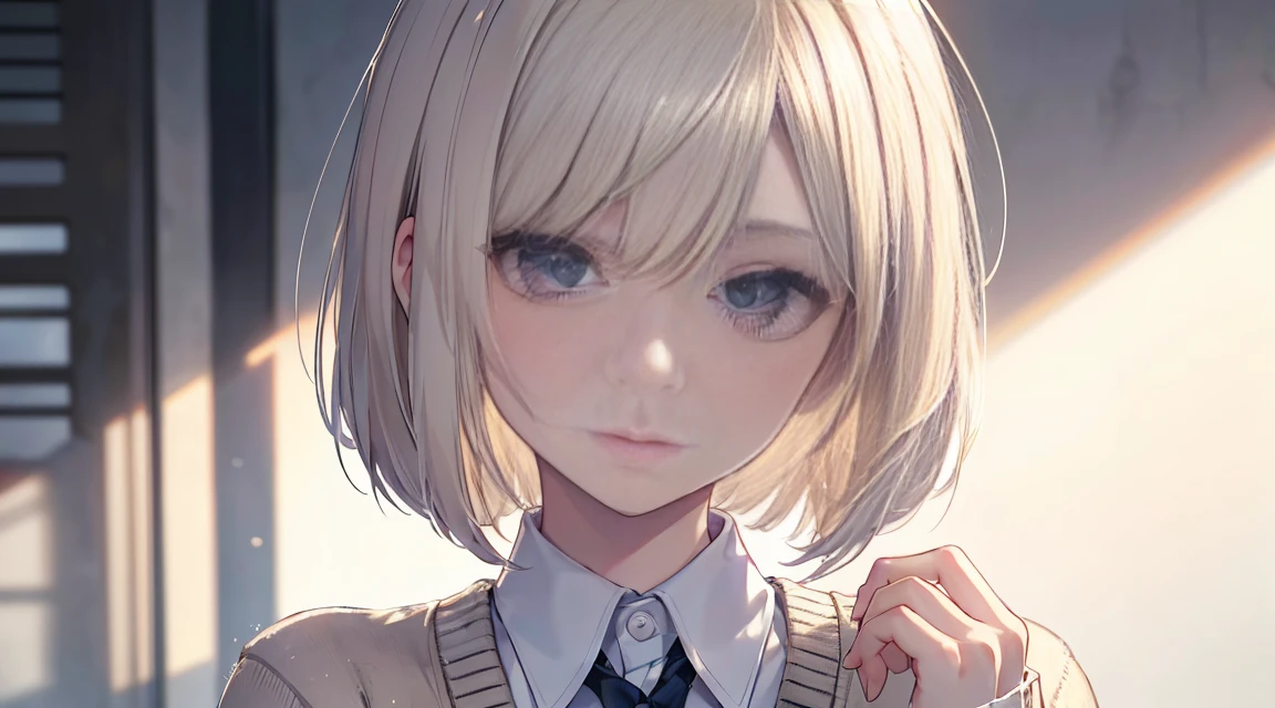 (Bob Cut Hair, Platinum Blonde Hair:1.2),(Wear a cardigan over a collared shirt:1.2),1 girl,Japanese,21 years old,(Small breasts:1.3),(Highest quality,masterpiece:1.3,超A high resolution,),(Ultra-detailed,Caustics),(Photorealistic:1.4,RAW shooting,)Ultra-Realistic Capture,Very detailed,High resolution 16K human skin close-up。 Natural skin texture、,Pores、、It needs to be detailed enough to be easily identifiable。 Skin should be even-toned and healthy looking。 Use natural light and colour, Sad expression, Looking at the camera, Perfect dynamic composition, Outdoor