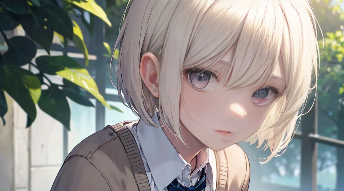 (Bob Cut Hair, Platinum Blonde Hair:1.2),(Wear a cardigan over a collared shirt:1.2),1 girl,Japanese,21 years old,(Small breasts:1.3),(Highest quality,masterpiece:1.3,超A high resolution,),(Ultra-detailed,Caustics),(Photorealistic:1.4,RAW shooting,)Ultra-Realistic Capture,Very detailed,High resolution 16K human skin close-up。 Natural skin texture、,Pores、、It needs to be detailed enough to be easily identifiable。 Skin should be even-toned and healthy looking。 Use natural light and colour, Sad expression, Looking at the camera, Perfect dynamic composition, Outdoor