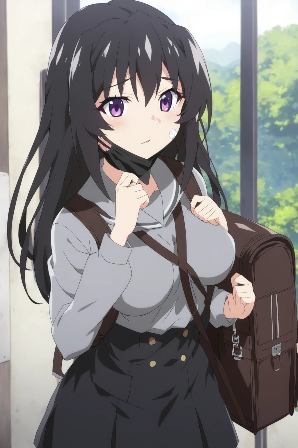 anime girl with a backpack and a mask on her face, purple eyes, anime moe artstyle, cute anime waifu in a nice dress, anime visual of a cute girl, beautiful anime high school girl, gray shirt, short skirt, anime girl with long hair, long straight hair, high quality anime artstyle, from girls frontline, anime style 4k, mature anime girl, anime girl wearing a black dress, kantai collection style,black shiny hair, normal breast