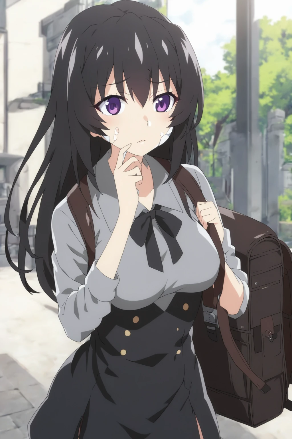 anime girl with a backpack and a mask on her face, purple eyes, anime moe artstyle, cute anime waifu in a nice dress, anime visual of a cute girl, beautiful anime high school girl, gray shirt, short skirt, anime girl with long hair, long straight hair, high quality anime artstyle, from girls frontline, anime style 4k, mature anime girl, anime girl wearing a black dress, kantai collection style,black shiny hair, normal breast