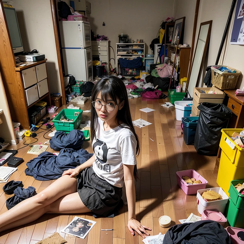 (8k、Raw photography、Top image quality、masterpiece、:1.2)、(realisitic、Photorealsitic:1.37)、1 girl、solo、(Sitting on the garbage in an incredibly dirty room、Cute Japan girl operating smartphone:1.4)、Anime Otaku Girls、A darK-haired、short-hair、dishevled hair、Unkempt hair、bangss、Happy expression on face、Small bust、Wearing glasses、Anime Character Print T-Shirt、a miniskirt、head phone、Sitting on the floor、Agra、Room full of garbage、Garbage with rolled tissue、Surrounded by mountains of cartoons、Lots of anime character figures are on display.、Anime poster on the wall、Potato chips on the desk、Spilled potato chips、Roll Energy Drink、Scattering of food waste、Messy room、Underwear left undressed on the floor、超A high resolution、physically-based renderingt、cinematlic lighting、dynamic ungle