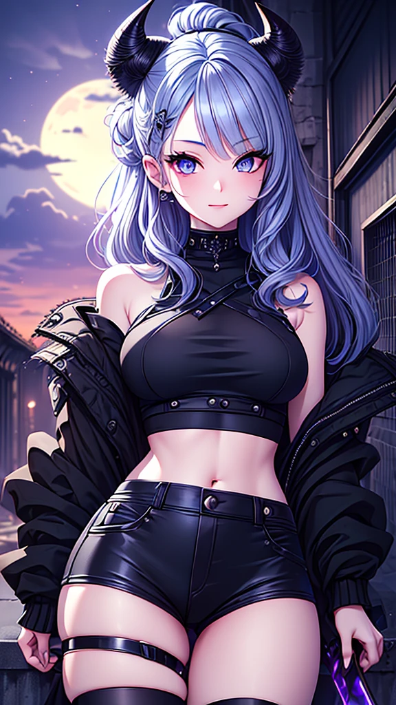 ((best quality)), ((masterpiece)), (detailed), une fille, visage parfait, curly hair, decorated cheveux, ultramarine blue eyes,(

A gorgeous girl wearing a black crop top with black short shorts, her hair was long and smooth, her hair was as metallic as black brimstone, her eyes sparkled a mysterious black purple color, she She holds a black Katana with a dark purple glowing blade, detailed sword and 1080p textures, her face is facing the moon and she is smiling, set in a deserted area ruins, mysterious sky and few stars in the sky


)
