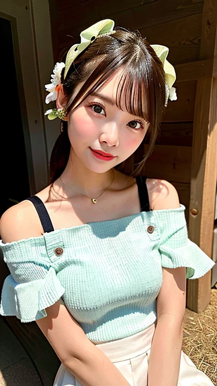 high fashion photography, Edit Photos, One Girl Solo, Pretty face, Wearing a ruffled off-shoulder knitted blouse, Japanese Model, Age 25, No makeup, Middle chest, At Pineapple Farm