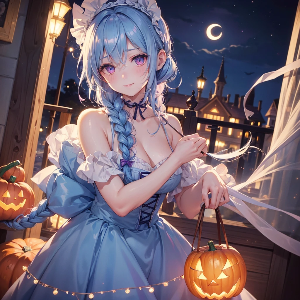 (Light blue medium hair),(Braided hair tied together)、Pink eyes、Fair skin、cowboy shot、Halloween、The background is a pumpkin ghost、Crescent Moon、Trick or Treat、A lot of sweets、witch、Halloween night、Candy、Cosplay、A surprising smile、solo、(masterpiece、Highest quality、Very detailed、Best Shadow)、(Detailed Background)、(Beautifully detailed face)、High contrast、(Best lighting、Very delicate and beautiful)、(Cinematic Light)、colorful、Hyper Detail、Dramatic Light、Exquisite detail、