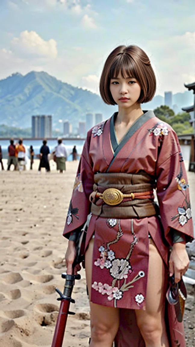 Beautiful Thai-Melanesian woman, (16 years old), pretty face, red lips,
BREAK,
Athletic feminine body, Female fitness model body, Hard toned feminine body, (muscles: 1.2), (beautiful belly button),
BREAK,
Mixed martial arts, exceptional kung fu fighter, Japanese idol,
BREAK,
(wearing cute kimono: 1.3), Red high heels, necklace, earrings, short length,
BREAK,
Short hair, (bob cut), (bangs: 1.2), (coloring),
BREAK,
(holding very large weapon, wearing very large weapon, standing with very large weapon, raising very large weapon: 1.4),(kung fu fighter in fighting position),
BREAK,
(tattoos all over body, 80% of body covered in Japanese tattoos: 1.4),
BREAK,
masterpiece, perfect lighting, ultra high resolution, 8K, (highly detailed: 1.4), From the front, looking at the camera, melancholic expression,
BREAK,
(Tokyo city, many people in the background), Tokyo's famous places in the background,