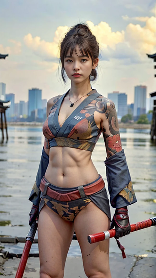 Beautiful Thai-Melanesian woman, (16 years old), pretty face, red lips,
BREAK,
Athletic feminine body, Female fitness model body, Hard toned feminine body, (muscles: 1.2), (beautiful belly button),
BREAK,
Mixed martial arts, exceptional kung fu fighter, Japanese idol,
BREAK,
(wearing cute kimono: 1.3), Red high heels, necklace, earrings, short length,
BREAK,
Short hair, (bob cut), (bangs: 1.2), (coloring),
BREAK,
(holding very large weapon, wearing very large weapon, standing with very large weapon, raising very large weapon: 1.4),(kung fu fighter in fighting position),
BREAK,
(tattoos all over body, 80% of body covered in Japanese tattoos: 1.4),
BREAK,
masterpiece, perfect lighting, ultra high resolution, 8K, (highly detailed: 1.4), From the front, looking at the camera, melancholic expression,
BREAK,
(Tokyo city, many people in the background), Tokyo's famous places in the background,