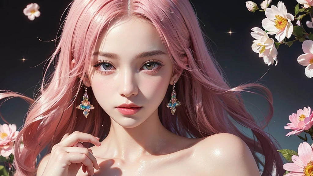 One girl, alone, flower畑, flower, (Official Art, unity 8k wallpaper, Super detailed, beautifully、aesthetic, masterpiece ,Highest quality:1.3), (Dynamic Angle:1.2), (Floating colorful sparkles:1) , elegant, Vibrant colors, Highly detailed face, Detailed eyes, Glowing Skin, Glossy Lips , Pale pink and pale orange background, Pink Hair,