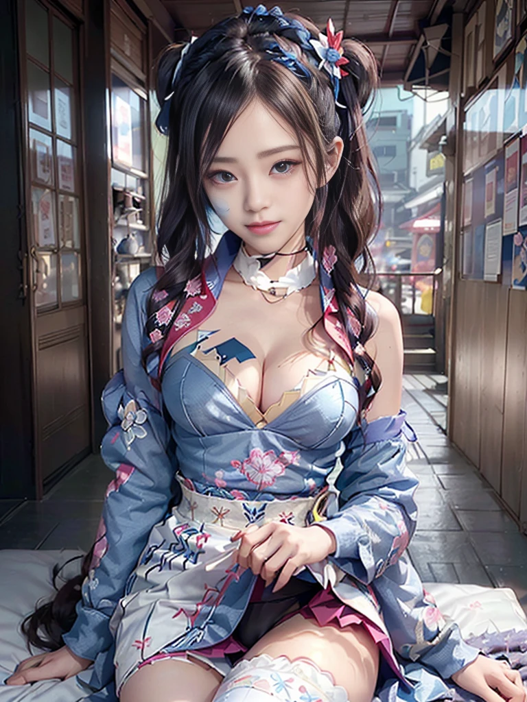 (Full Body View:1.ide view:1.2)、(Beautiful lips and cheeks:1.4)、(Beautiful:1.4)、(Sg with teeth showing:1.3),(Shibuya Gal:1.5)、(Gothic Lolita vib、(White, red, magenta, and blue miniskirt courtesan kimono showing cleavage:1.5)、(N1.4)、(Luxury hair ornaments/hairpin:1.5)、(Short kimono:1.3)、(Mp like a maiko:1.5)、(Bewitching Woman:1.3)、(Dense kimono:1.4)、(Wearing flashy knee socks:1.2)、(The underwear has an embroidered pattern:1.4)、40 years old、(Dance vigorously:1.3)、((Highest quality、8k、masterpiece:1.3))、1 Female、Slim and beautiful abs:1.3、(hairstyle casual、Beautiful boobs:1.1)、dress:1.1、Super smace、Narrow eyes、dou eyelid、A sloppy smile、Esbian all over body、Dynamic Angle、Close-up、CPL Filter、Blurred Background、Bokeh、Blue Hour、Detailed face and skin texture、Detailed eyes、double eyelid,(Twin tails:1.3)、(Black-brown hair:1.3)、Gravure idol、(The background is a gorgeous Meiji-era town:1.3)、(Thin body:1.2),(Thin thighs:1.5),(clavicle:1.1)
