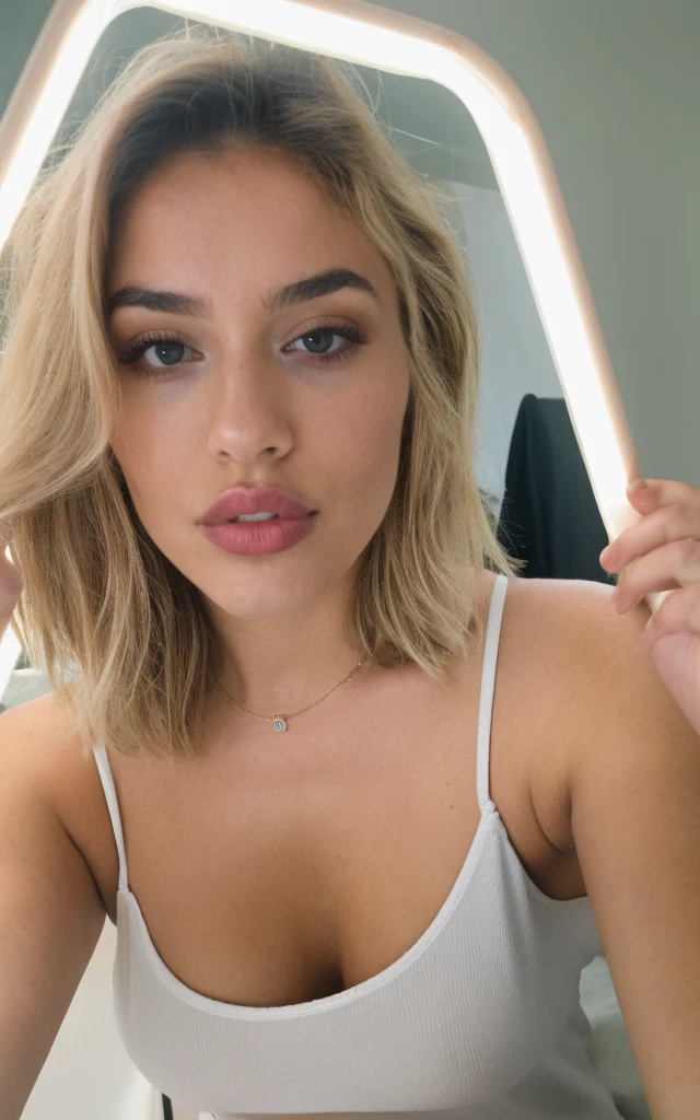 a beautiful 23-year-old woman, girl next door, mirror selfie, makeup, lips, blonde, messy hair, short hair, film grain, cleavage, retro, Porta 160 color, shot on ARRI ALEXA 65, sharp focus on subject, Fujifilm XT-3