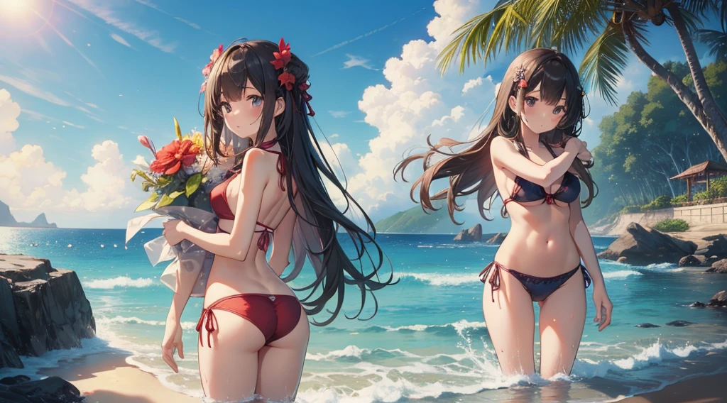 (Highest quality、detailed、masterpiece、８K)、(２People cute girls)、((Hug from behind))、slender、Redness、Wet Skin、Cute Bikini、Standing on the beach