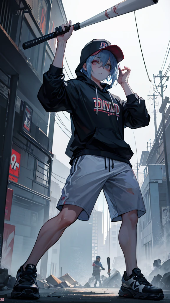 Holding a baseball bat, Alley, Condescending Gaze, builtupnecklinehoodie, look down, Glare, baseball bat, swing a baseball bat, Mouth is covered by clothes, cinematic lighting, UHD, best quality, highres, 8k