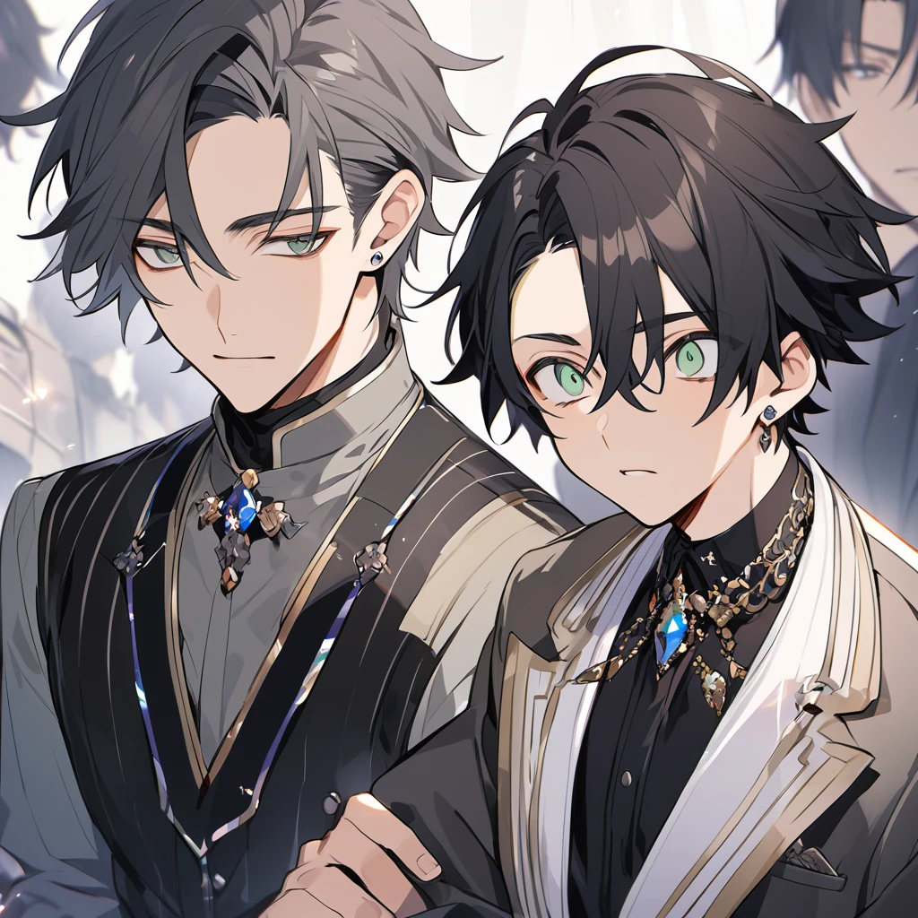 high resolution、Handsome man, 1 male, 17 years old, teenager, Short black hair, Sharp eyes, Green-gray eyes, Stoic expression, Long sleeve Juste Call、Jeweled Cravat、Gilet、