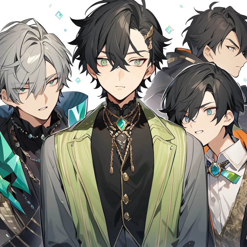 high resolution、Handsome man, 1 male, 17 years old, teenager, Short black hair, Sharp eyes, Green-gray eyes, Stoic expression, Long sleeve Juste Call、Jeweled Cravat、Gilet、