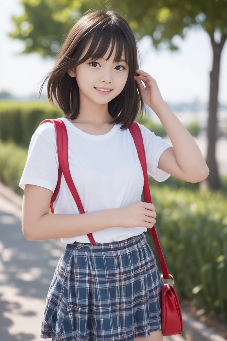 (8k),(masterpiece),(Japanese),(12 year old girl),((Innocent look)),((Childish)),from the front,smile,cute,Innocent,Kind eyes,Plain white t-shirt,Short sleeve,Blue checked short skirt,(Carrying a red backpack),Straight hair,Hair blowing in the wind,Black Hair,Somewhat strong wind,noon,bright