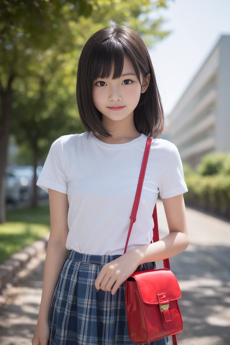 (8k),(masterpiece),(Japanese),(12 year old girl),((Innocent look)),((Childish)),from the front,smile,cute,Innocent,Kind eyes,Plain white t-shirt,Short sleeve,Blue checked short skirt,(Carrying a red backpack),Straight hair,Hair blowing in the wind,Black Hair,Somewhat strong wind,noon,bright