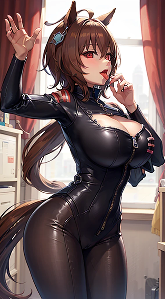 profile, Perfect hands, (Huge breasts:1.5), Inner Flesh, Cowboy Shot, City of night, ((temptation by hand)), (1 hand in front of your mouth), (Detailed red eyes), (close your eyes:0.5), (black bodysuit with full tight zipper:1.1), Agnes-Tachyon \(umamusume\), Deep short brown hair, (blush:0.7), Captivating smile, ((Sticking out tongue:1.3)), (A very very very long tongue), ((Open your mouth wide)), (Voice of the Heart), (View your viewers:1.2), BJ Face Pose