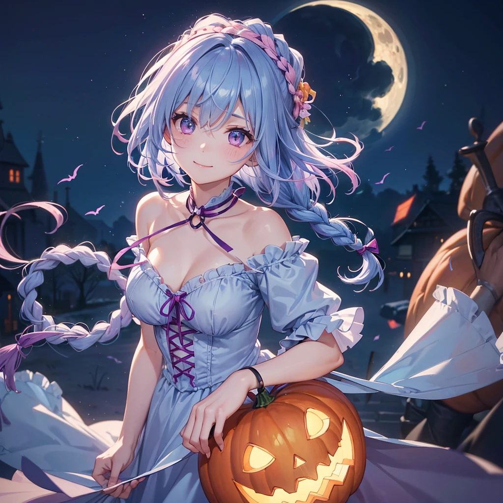(Light blue medium hair),(Braided hair tied together)、Pink eyes、Fair skin、cowboy shot、Halloween、The background is a pumpkin ghost、Crescent Moon、Trick or Treat、A lot of sweets、witch、Halloween night、Candy、A surprising smile、solo、(masterpiece、Highest quality、Very detailed、Best Shadow)、(Detailed Background)、(Beautifully detailed face)、High contrast、(Best lighting、Very delicate and beautiful)、(Cinematic Light)、colorful、Hyper Detail、Dramatic Light、Exquisite detail、