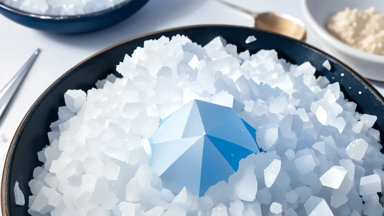 Close-up of Epsom salt crystals, diagram of magnesium molecule structure, Epsom landscape in background, scientific illustration style
