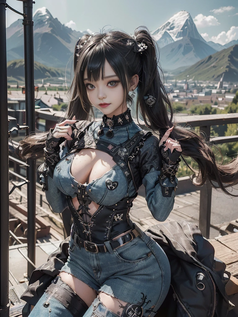 (Full Body View:1.2)、(Full body:1.3)、(Smiling with teeth showing:1.3),(Shibuya Gal:1.5)、(Beautiful:1.3)、(Gothic Lolita style fashion:1.5)、(Punk RockVisual Kei:1.5)、(Wearing a rhythmic gymnastics bodysuit with intricate details:1.4)、(Racing suit and pants with intricate decoration in beige, denim and charcoal:1.5)、(Denim and black and brown boots:1.3)、((belt))、(Numerous delicate logo marks all over the costume:1.4)、(collar:1.3)、(Polka dot underwear:1.5)、20-year-old、NSFW、((Highest quality、In 8K、masterpiece:1.3))、Sharp focus:1.2、(Layered Cut、Huge boobs:1.1),Beautiful woman with perfect figure:1.4、(do a gravure pose:1.3)、Slender Abs:1.2、Highly detailed face and skin texture、Detailed eyes、double eyelid,(Twin tails:1.3)、(Black brown hair:1.3)、Gravure idol、(The background is a vast mountain々Beautiful European tourist destinations:1.3)、(Slim Body:1.3),(Make your legs thinner:1.4),(clavicle:1.1)