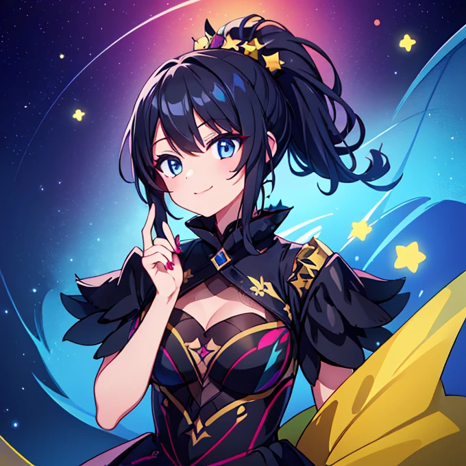 (Highest quality:1.2), 1 girl, Vibrant colors, Dreamy lighting, detailed floral background, Wicked Smile, alone, ponytail, Star Hairpin, Black feather hairpin, nail art、Black costume