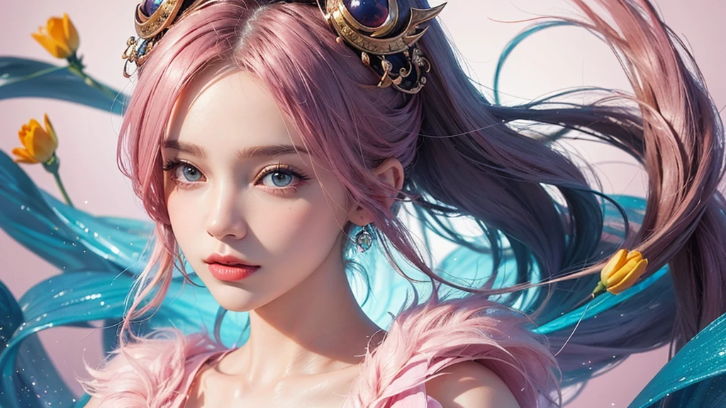 One girl, alone, flower畑, flower, (Official Art, unity 8k wallpaper, Super detailed, beautifully、aesthetic, masterpiece ,Highest quality:1.3), (Dynamic Angle:1.2), (Floating colorful sparkles:1) , elegant, Vibrant colors, Highly detailed face, Detailed eyes, Glowing Skin, Glossy Lips , Pale pink and pale orange background, Pink Hair,