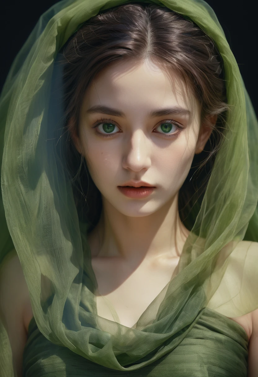  portrait of beautiful female model in green organza cloth draped around her body, gothic style, gothic background, perfect symmetric eyes, oil on canvas, by Raphael, Caravaggio, Greg Rutkowski, Beeple, Beksinski, perfect composition, intricate insanely detailed, octane render, trending on artstation, 8 k artistic photography, photorealistic concept art, soft natural volumetric cinematic shadow casting, depth of field, unreal engine, award winning photograph, masterpiece ,