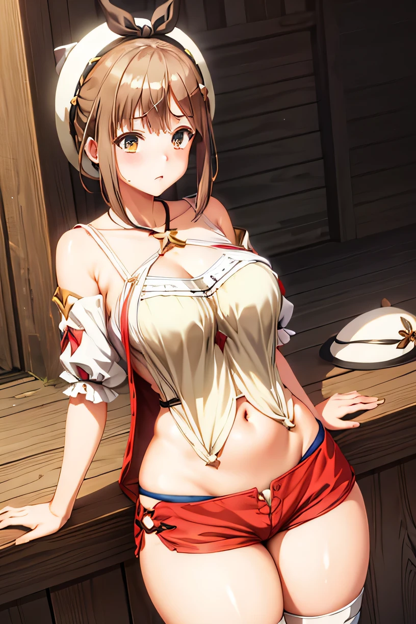 Atelier Ryza,Liza,Lizaのアトリエ,Thighs,Big Breasts,White Hat,Embarrassed expression,Red shorts