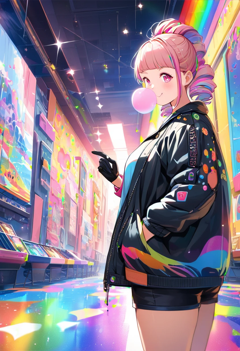 whole body, One girl, , alone, Eye focus,Artfully crafted brilliance, Pink lens flare, Movie Background,colorful, Hyper Details, High resolution, Highly detailed eyes, mature, Plump, Rainbow Painting Drops,(Supermodel:1.3), Made with paint, Completely painted, Splat, splash, indoor, (Bioluminescent hair:1.1),(Glowing Eyes), ((compensate)), intense, Powerful, splashes of colour absolutely eye-catching, Dynamic Angle, Beautiful sparkle, Ambient Occlusion, Zhou Haoguang, ray tracing reflection, Retro Style, Living arcade characters, Arcade-style world, gloves, Jacket,arms, Shorts, black gloves, black Jacket, gun, Drill Hair, black Shorts, Wear glasses on your head, Bubble Blowing, chewing gum, (Cute Face:1.3),