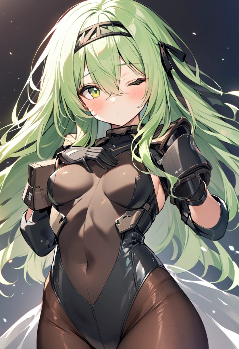 One Girl, alone, Long Hair, chest, View your audience, bangs, skirt, gloves, Long sleeve, ribbon, Hair between the eyes, Mouth closed, Green Eyes, hair ribbon, pantyhose, Cowboy Shot, hair band, , Green Hair, black gloves, see-through skirt, leotard, black leotard, brown pantyhose