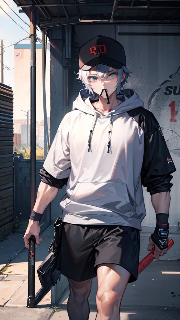 Holding a baseball bat, Alley, Condescending Gaze, builtupnecklinehoodie, look down, Glare, baseball bat, swing a baseball bat, Mouth is covered by clothes, cinematic lighting, UHD, best quality, highres, 8k