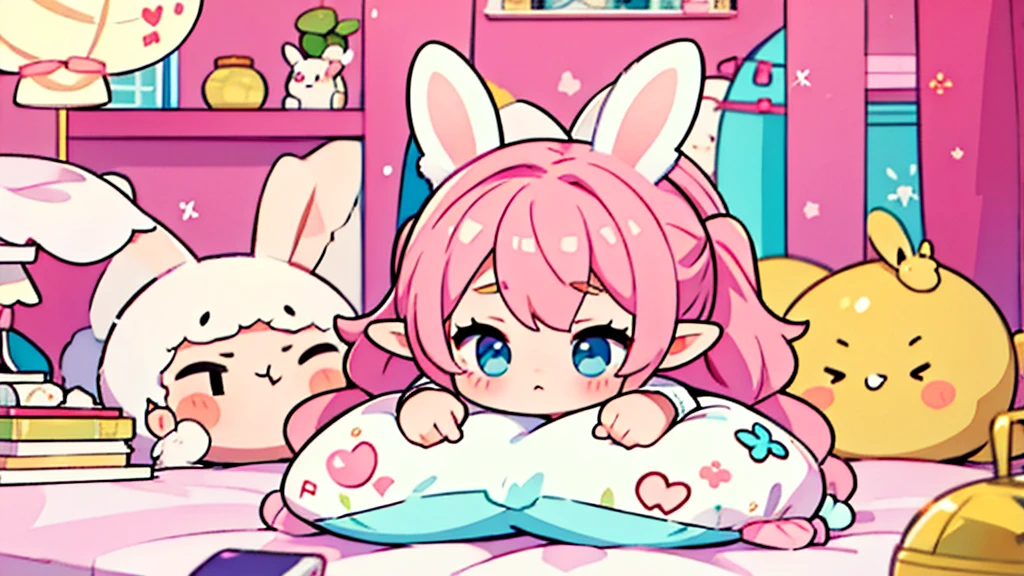 Bunny ears、Chibi Girl Elf、fluffy、Pink pop room、pajamas、