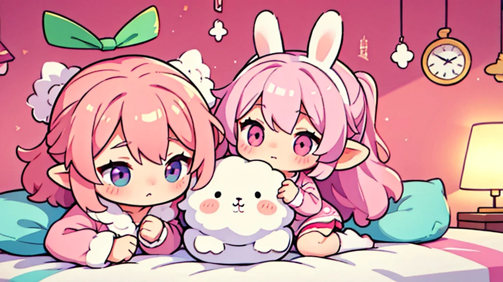 Bunny ears、Chibi Girl Elf、fluffy、Pink pop room、pajamas、