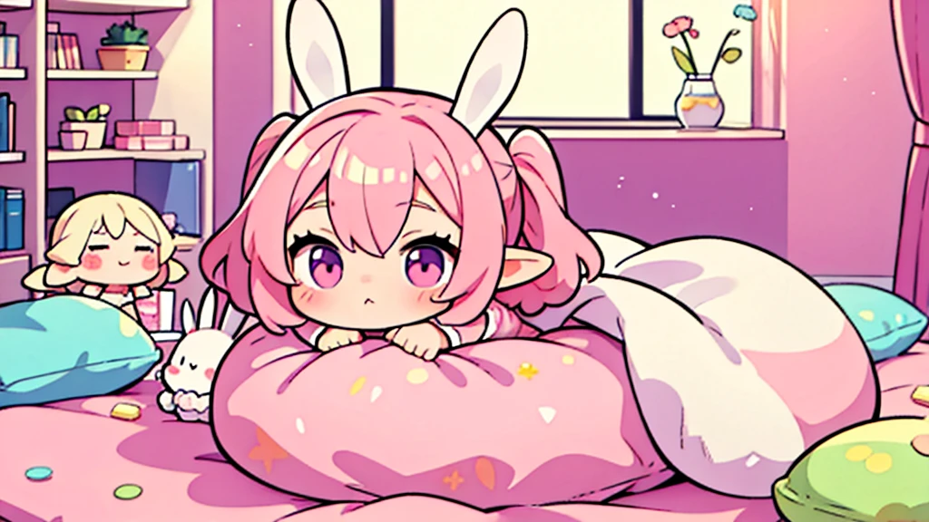 Bunny ears、Chibi Girl Elf、fluffy、Pink pop room、pajamas、