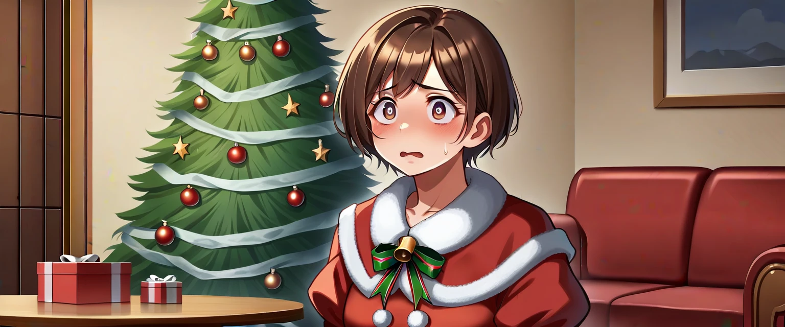 Teniendo sexo (hentai) (master piece: 1.1), (pomni), 1girl, mature female, emphasis_face, detailed face, (detailed colored eyes), puffy sleeves, symbol-shaped pupils, (shy), anime character, gloves red and blue, (embarassed), arms and hands at your sides, brown hair, very details on face, short hair, living room, table, sitted, (christmas theme room), christmas tree, cowboy shot, christmas_background