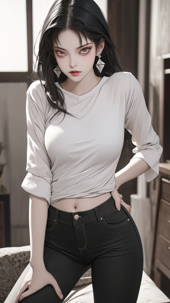 Ultra realistic, real girl, 16K, best quality, High resolution, hot atmosphere, dream atmosphere, 1 girl, tall, 18 years old, Long messy black hair, cute bangs over the forehead, evil eyes, sexy eyes look, skin being illuminated, realistic shading, pale-white skin, light-grey skin, Realistic textures, wearing alternative black outfit, earrings, fit slim tall body, big natural breasts, realistic slim hot body, tall and hot girl, seductive, sensual posture, big hips, thick legs, torn clothes, multiple sexy positions in different types of angles, blurred background, Depth, dream aesthetic, Atmosphere of dream, cinematic lighting. 