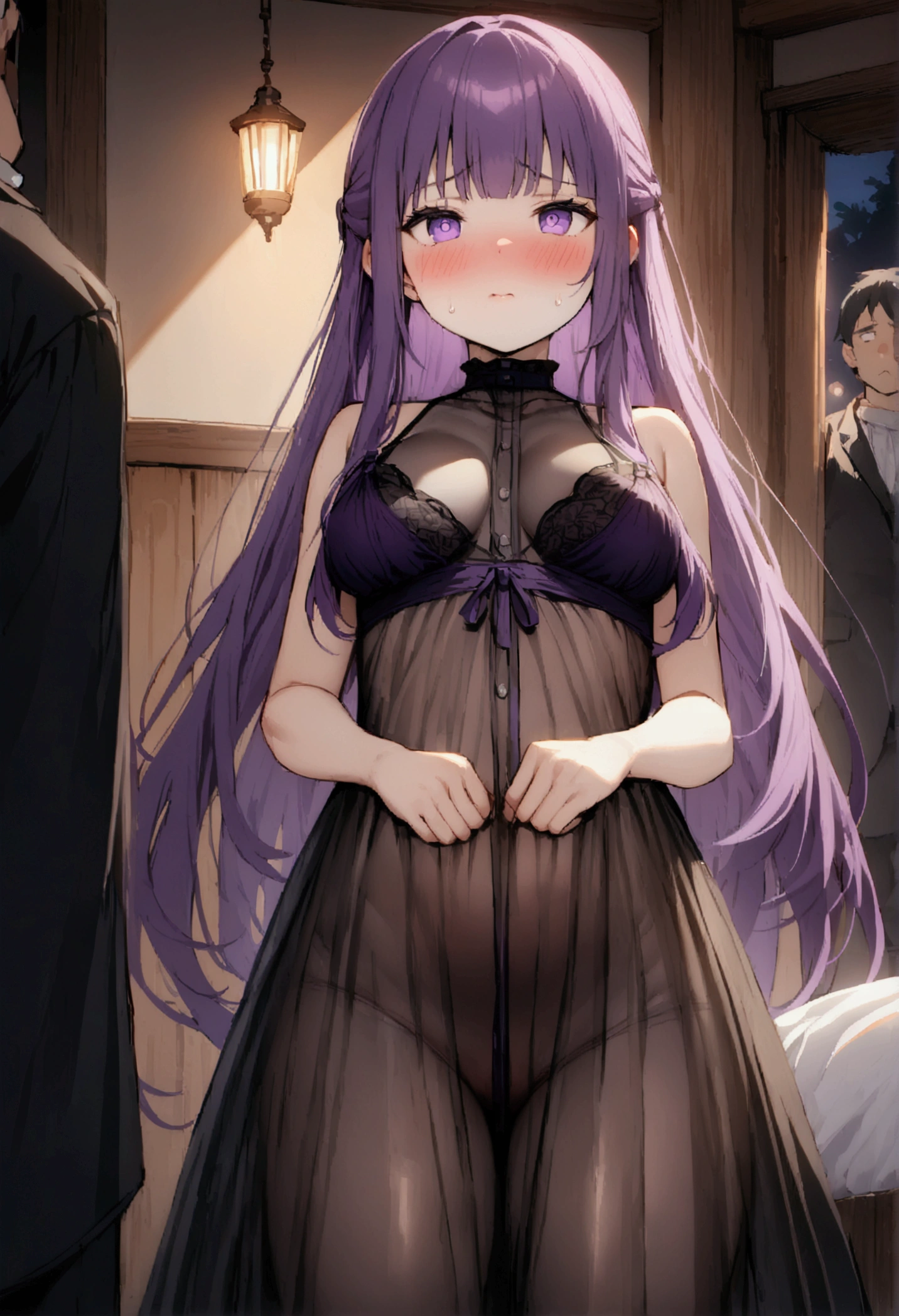 NSFW,masterpiece,Highest quality,High resolution,Super detailed,Fern\(Funeral of Frieren\),Purple eyes,Purple Hair,Long Hair,(High-quality see-through negligee),Embarrassed,blush,expectant face,Inn at night,bedroom,(Young men),A man puts his hands on her waist and hugs her,Put your hands inside your clothes,Circling the body