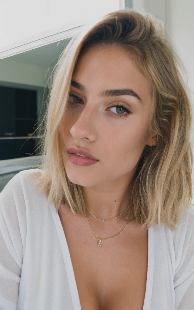 a beautiful 23-year-old woman, girl next door, mirror selfie, makeup, lips, blonde, messy hair, short hair, film grain, cleavage, retro, Porta 160 color, shot on ARRI ALEXA 65, sharp focus on subject, Fujifilm XT-3