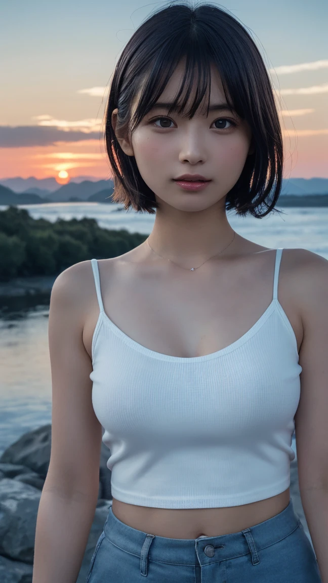 (Realistic:1.3), RAW Photos, (Nature landscape photography), (Majestic Mountain々The summit of the, sea of clouds), (とても大きな山The summit of the), (sunset), (One Girl), (Upper Body), (20-year-old), (smile:0.9), (Glowing Skin), (short hair, Dark brown hair), (White camisole), (Cargo shorts), (Ultra detailed face), (Highly detailed eyes), (Highly detailed nose), (Highly detailed mouth), (Very skilled hands), (Super-detailed body), Sony a7, 85mm lens, f9.0, Pan Focus