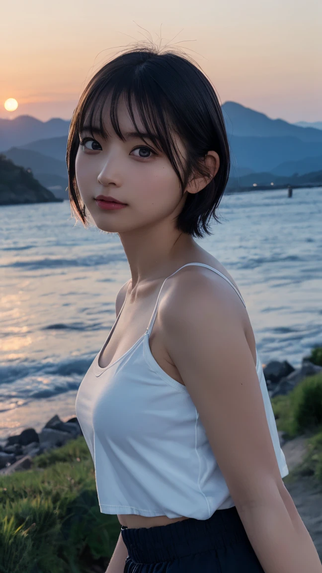  (Realistic:1.3), RAW Photos, (Nature landscape photography), (Majestic Mountain々The summit of the, sea of clouds), (とても大きな山The summit of the), (sunset), (One Girl), (Upper Body), (20-year-old), (smile:0.9), (Glowing Skin), (short hair, Dark brown hair), (White camisole), (Cargo shorts),  (Ultra detailed face),  (Highly detailed eyes), (Highly detailed nose), (Highly detailed mouth), (Very skilled hands), (Super-detailed body), Sony a7, 85mm lens, f9.0, Pan Focus