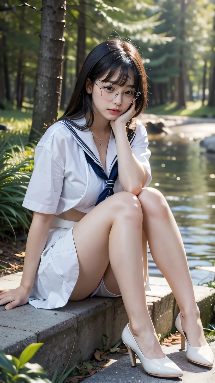 detailed_background, detailed_body, realistic, full body view, 1 girl solo, eye glasses, blushes, dark forest background, straight black hair, blunt bangs, cleavage, bigboobs, large_????, heels, small waist, see-through white sailor uniform, sailor_serafuku, ??????, groin, pleated_skirt, sitting, ?????_shot, cleavage , gray hair, town