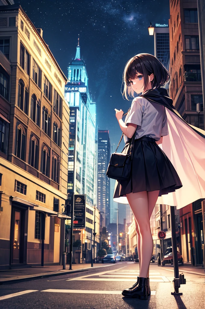 Night Sky, city,  One girl, Are standing, alone, whole body, , Maribe, puffy short sleeve,  Cape, bag