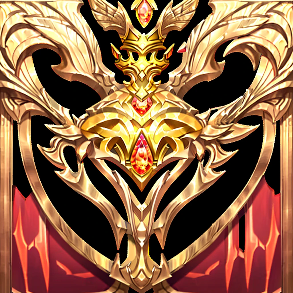 A majestic golden avatar frame, empty middle, adorned with a crown and wings, radiates with a warm glow, symbolizing victory and achievement. The on botton ruby gem sparkles with a fiery intensity, adding a touch of elegance and power.

[Digital art, stylized, inspired by game UI design], [High contrast, sharp edges, glowing highlights, black background, intricate details, focus on the center of the frame]