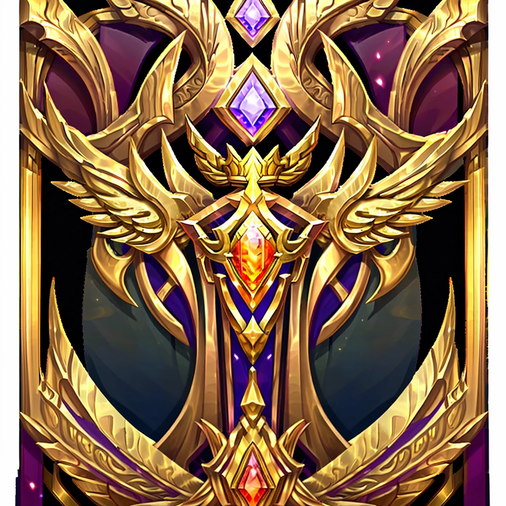 A majestic golden avatar frame, empty middle, adorned with a crown and wings, radiates with a warm glow, symbolizing victory and achievement. The on botton ruby gem sparkles with a fiery intensity, adding a touch of elegance and power.

[Digital art, stylized, inspired by game UI design], [High contrast, sharp edges, glowing highlights, black background, intricate details, focus on the center of the frame]