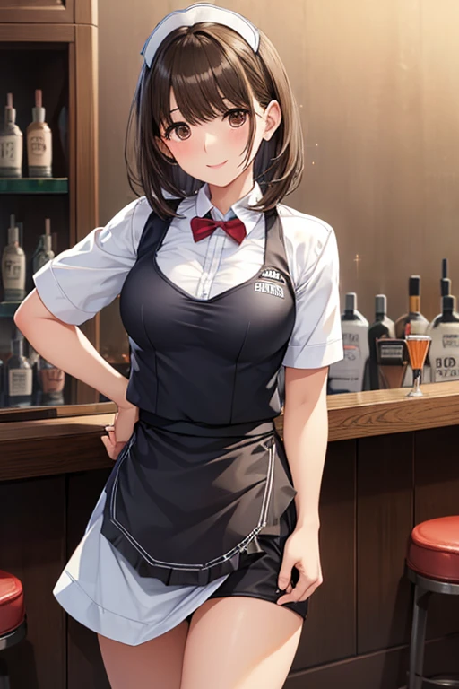 anegasaki nene、Shiny brown hair, short hair, (Beautiful brown eyes、Sparkling eyes, Fine grain)、smile、Ultra-detailed eyes、Very detailedな顔, Very detailedな目,
, One Girl, alone, complicated, elegant, Very detailed, Digital Painting, Art Station, Concept Art, Smooth, Sharp focus, shape, Art Jam、 (Shot Bar, waitress:1.7),