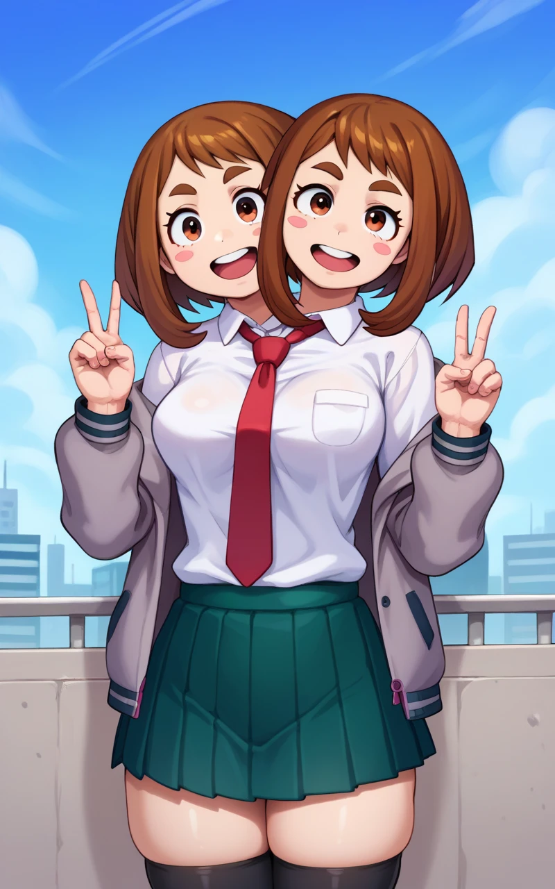 1girl, solo, two heads, conjoined, peace sign, middle finger,  Uraraka Ochako, thick_eyebrows blush_stickers, brown_hair, brown_eyes, short_hair, sideburns, shiny hair, medium breasts, skindentation +++ :D  +++ u.a._school_uniform, grey_jacket long_sleeves, white_shirt red_necktie, mos green pleated_skirt, black stocking  Sky Kingdom, score_9, score_8_up, source_anime, city background