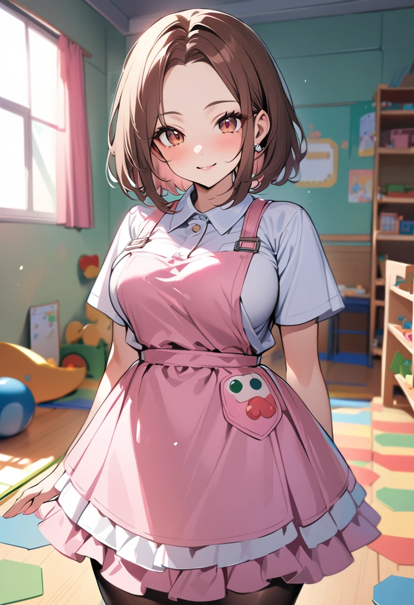 1 girl, bob, center part, forehead, brown hair, piercing, brown eyes, model posing, smile,
BREAK (masterpiece), (high resolution 8K), detailed eyes and face, detailed body,
BREAK (kindergarten teacher, pink apron, kindergarten:1.3), (adult women:1.5),large breasts, (in the kids room:1.2), children’s toy, in the daytime, gentle smile