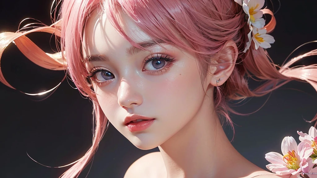 One girl, alone, flower畑, flower, (Official Art, unity 8k wallpaper, Super detailed, beautifully、aesthetic, masterpiece ,Highest quality:1.3), (Dynamic Angle:1.2), (Floating colorful sparkles:1) , elegant, Vibrant colors, Highly detailed face, Detailed eyes, Glowing Skin, Glossy Lips , Pale pink and pale orange background, Pink Hair,