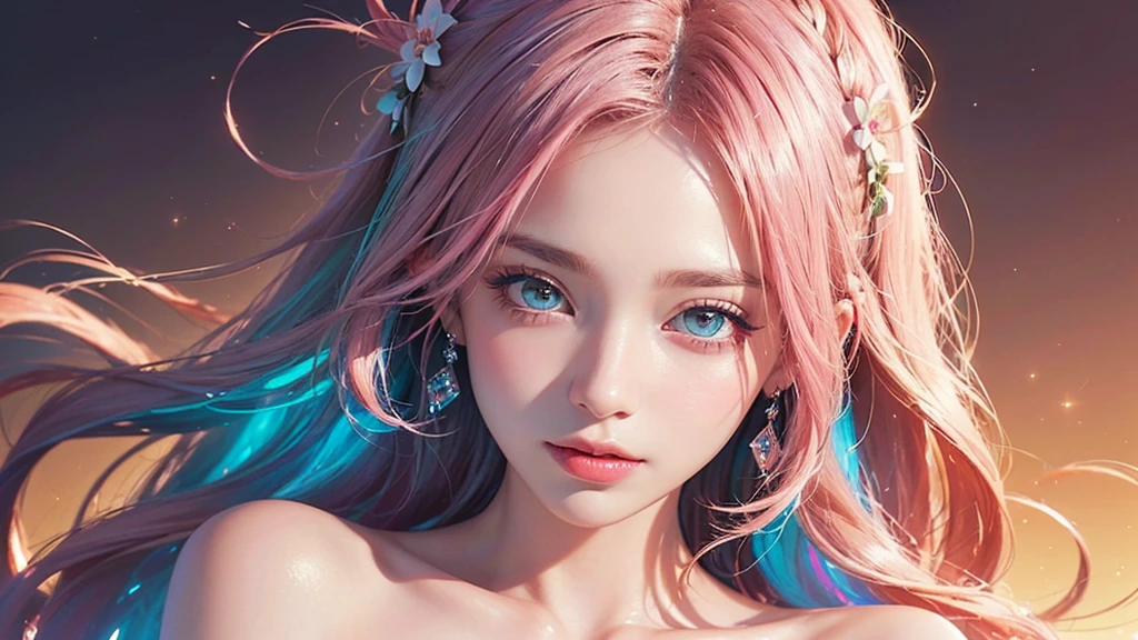 One girl, alone, flower畑, flower, (Official Art, unity 8k wallpaper, Super detailed, beautifully、aesthetic, masterpiece ,Highest quality:1.3), (Dynamic Angle:1.2), (Floating colorful sparkles:1) , elegant, Vibrant colors, Highly detailed face, Detailed eyes, Glowing Skin, Glossy Lips , Pale pink and pale orange background, Pink Hair,