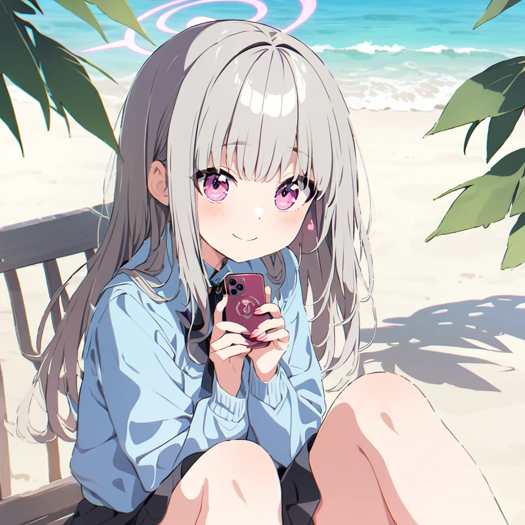 a is sitting down on a bench along the beach, 1 girl, standing alone, Unclothed, plein-air,looking ahead at viewer, ssmile, sitting down, へそ, avo ,Sweet (blue archive), Unclothed nenhuma mostrando a vulva pelada